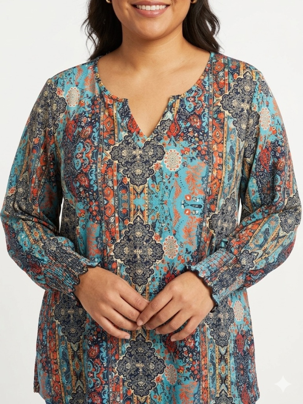 Rapbin Women’s 3XL Boho Tunic Top Floral Print Smocked Sleeve Stretch